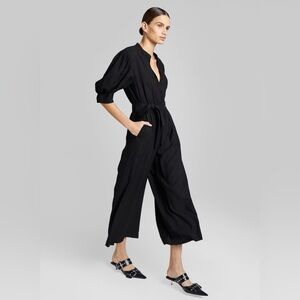 A.L.C. Shiva Puff Sleeve V-Neck Belted Cropped Wide Leg Jumpsuit 4 Black Party